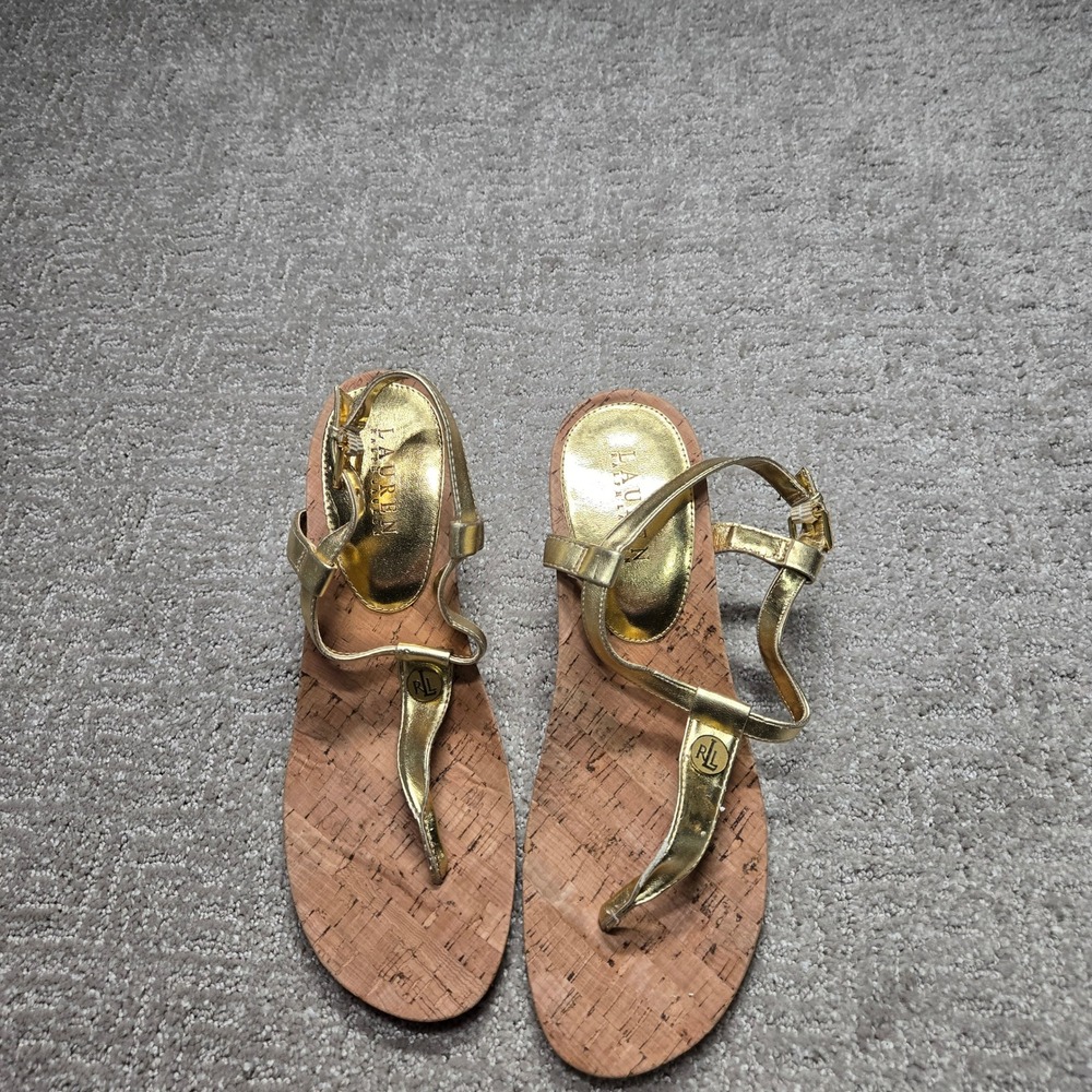 Lauren Ralph Lauren Reeta Gold Metallic Wedge Sandals Cork Footbed Womens 10B